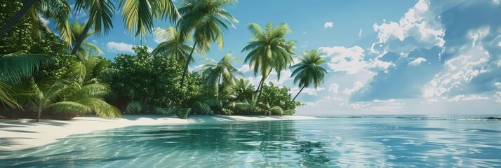 A beautiful tropical island with white sand beaches, crystal clear waters, and lush green palm trees.