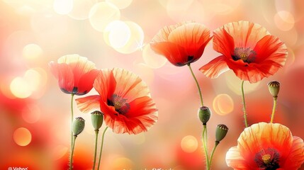 Obraz premium Tranquil sunset landscape with vibrant red poppy flowers blooming beautifully in the field