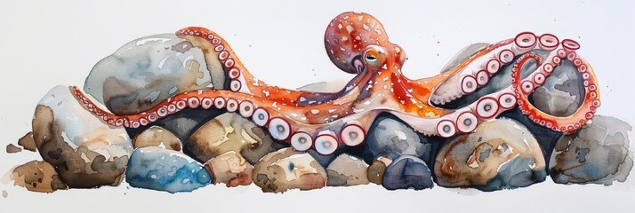 An octopus hides cleverly among underwater rocks, watercolor painting on a white background