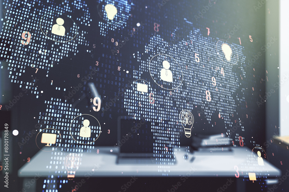 Poster double exposure of social network icons concept with world map and modern desktop with laptop on bac