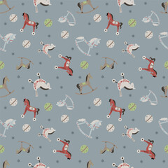 Vector retro rocking kids toys horses and balls, stars decoration on grey background.

