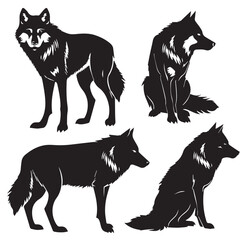 set of black silhouettes of wolf