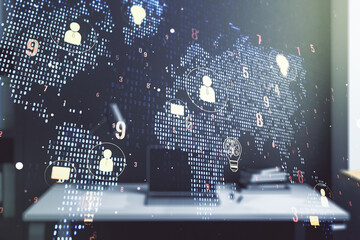 Double exposure of social network icons concept with world map and modern desktop with laptop on...