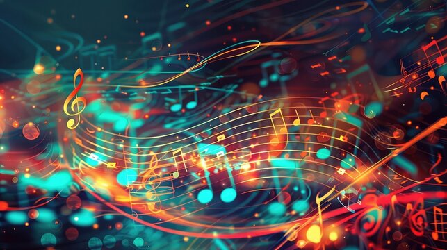 Abstract background design: Abstract music background with musical notes,Mesmerizing stock illustration of pink and blue music notes on a dark backdrop,Perfect for music-themed designs.