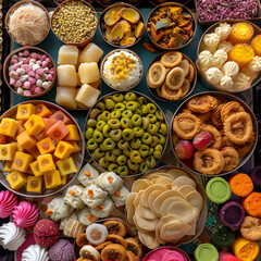 A festival sweets and snacks arranged in a colorful spread - obrazy, fototapety, plakaty