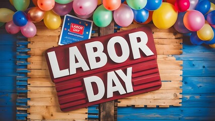 Image with a Labor Day sign on a wooden background full of balloons and American flags, poster, blue poster, labor day poster, happy labor day, wood, wooden background, balloons, balloon - obrazy, fototapety, plakaty