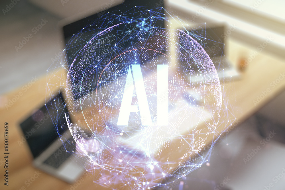 Poster creative artificial intelligence symbol concept and modern desktop with pc on background. double exp