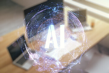 Creative artificial Intelligence symbol concept and modern desktop with pc on background. Double exposure