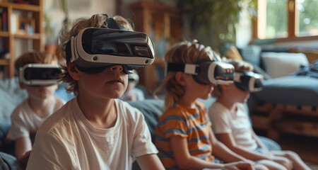 Fototapeta premium Children in VR headsets immersed in interactive digital experience at home, new generation addiction, banner