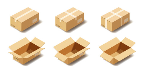 Realistic open and closed cardboard boxes mockup isometric set