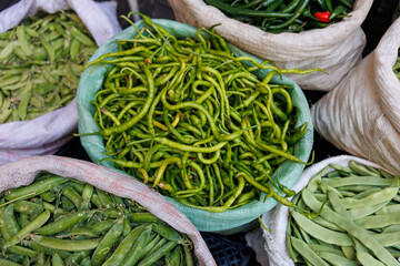 Large baskets filled with just picked fresh green beans at local outdoor farmers market