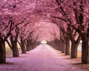 Path lined with blooming cherry trees, creating a tunnel of flowers, ideal for romantic walks