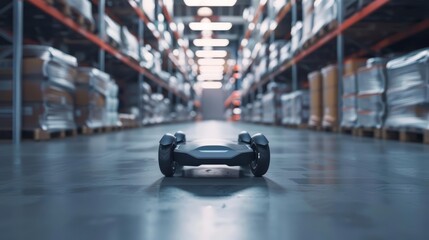 A robot vacuum cleaner is cleaning the floor of a warehouse.