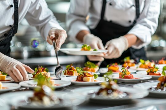 Vegetarian cooking class participants plate creations with artistic flair under chef s guidance