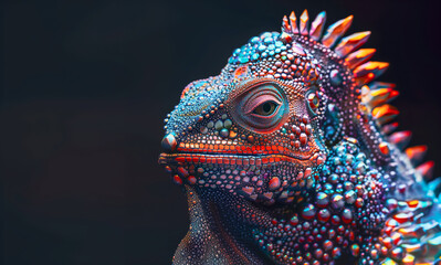 Fototapeta premium Vibrant Exotic Lizard with Colorful Patterns and Textured Skin, Close-up Macro. Rainforest Wildlife, Tropical Outdoors, Unique Fauna. Reptilian, Animal, Creature. Environment, Climate Change, Nature