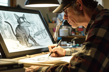 An animator draws a humorous cartoon scene - depicting a mischievous cat outwitting a clueless dog - destined to bring TV audiences laughter