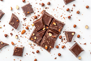 Pieces of chocolate with nuts on white background. Top view.