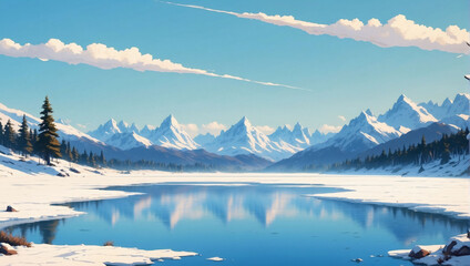 Minimalistic flat frozen lakes surrounded by snow-capped mountains.
