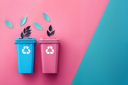 Blue and pink recycling bins with recycle symbol. Environmental concept for design and education. Flat lay composition with leaves as eco-friendly, with copy space