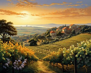 Naklejka premium Sprawling vineyard with rows of grapevines and interspersed roses, under a clear sunset sky
