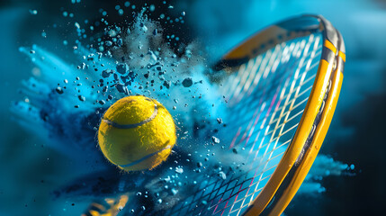 macro detail of a yellow tennis ball hitting a racket, blue powder