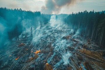 Aerial view of forest wildfire aftermath, with smoke rising among charred trees, Concept of environmental tragedy and forest recovery
