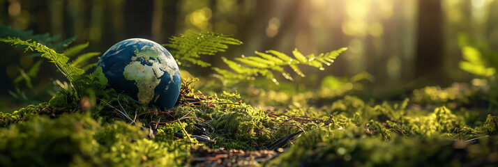 This image captures a realistic globe settled among forest greenery, with a sunbeam peeking through