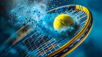 macro detail of a yellow tennis ball hitting a racket, blue powder