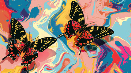 Pop art butterfly design marble decoration for the wall. Colorful background in pop art retro comic style. Pop art background usable for interior design.
