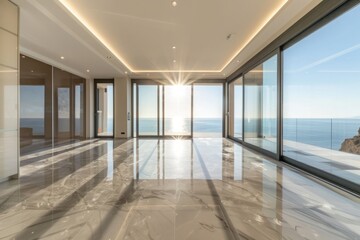 Obraz premium With its minimalist decor and state-of-the-art features, the modern luxury of the empty apartment was further enhanced by the captivating sea view that stretched out beyond the horizon