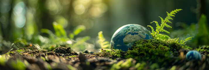 An impactful image of planet Earth blending within a forest background highlighted by sunlight