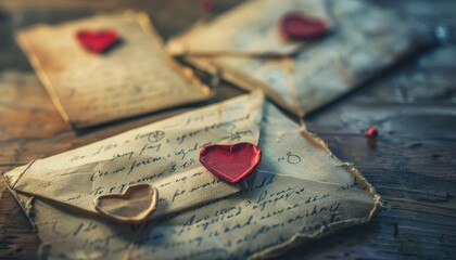 Love letters sealed with delicate paper hearts lie on a vintage table, a nostalgic paper art style concept