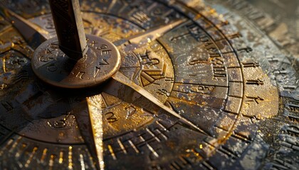 A close up of an old metal sundial with the Sun shining on it. - obrazy, fototapety, plakaty