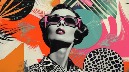 Abstract trendy vintage art collage with woman, geometric shapes, paper cutouts, patches, paint strokes. Retro fashionable style poster, banner