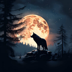 a lone wolf silhouetted against the backdrop of a full moon in a snowy landscape,generate ai - obrazy, fototapety, plakaty