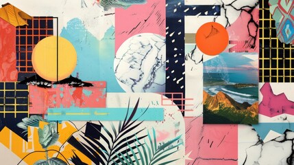 Abstract trendy vintage art collage with geometric shapes, paper cutouts, patches, paint strokes. Retro aesthetic fashionable style poster, banner