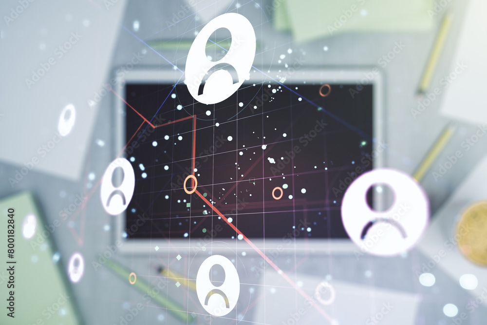 Poster double exposure of social network icons concept and digital tablet on background, top view. marketin