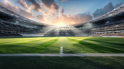 A photo of a soccer stadium with green grass and a blue sky.