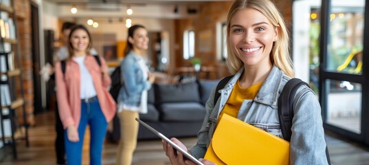 Obraz premium Friendly female real estate agent with tablet visiting apartment for sale or rent