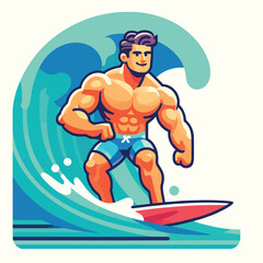 illustration of a muscular man surfing on a wave