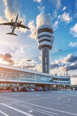 Airport control tower with departing plane on blurred background, copy space available - obrazy, fototapety, plakaty