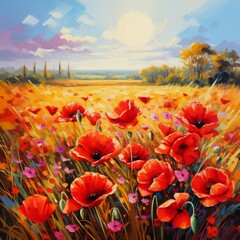 A field of bright red poppies blowing in the breeze, vibrant and eyecatching