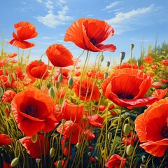 A field of bright red poppies blowing in the breeze, vibrant and eyecatching