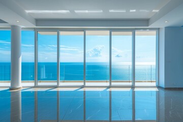 Fototapeta premium The empty apartment, with its sleek minimalist furnishings, exuded an air of modern luxury, heightened by the panoramic vista of the sea stretching out before it