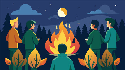 The glow of the fire casting a warm and peaceful light on the faces of the scouts and attendees as they watch the retirement ceremony.. Vector illustration - obrazy, fototapety, plakaty