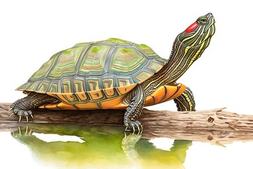An elegant portrayal of a redeared slider turtle, on a log, peaceful pond scene, reflective greens and shell reds, vivid watercolor, white background, isolate