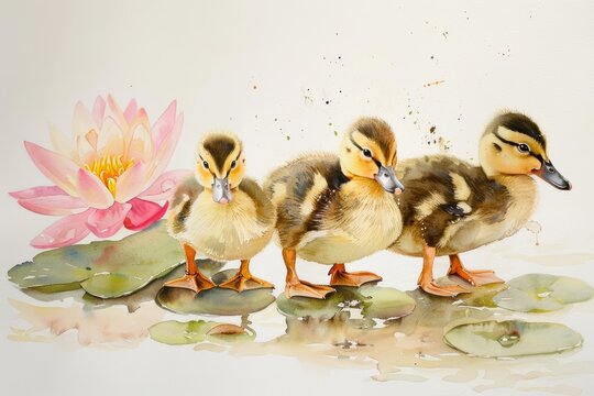 Three ducklings waddle by a pond lily, watercolor painting on a white background