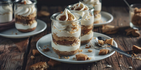 Dessert with cream and biscuit in cups
