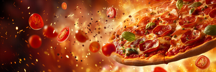 A delicious, high-resolution image of a pizza with toppings mid-explosion, emphasizing movement and taste