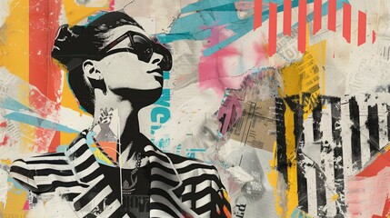 Abstract trendy vintage art collage with woman, geometric shapes, paper cutouts, patches, paint strokes. Retro fashionable style poster, banner